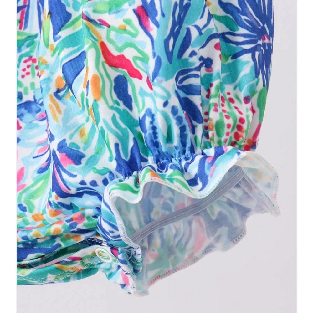 Tropical Floral Ruffle-Sleeve Baby Bubble Romper - Blue/Multicolor Girls 12M NWT